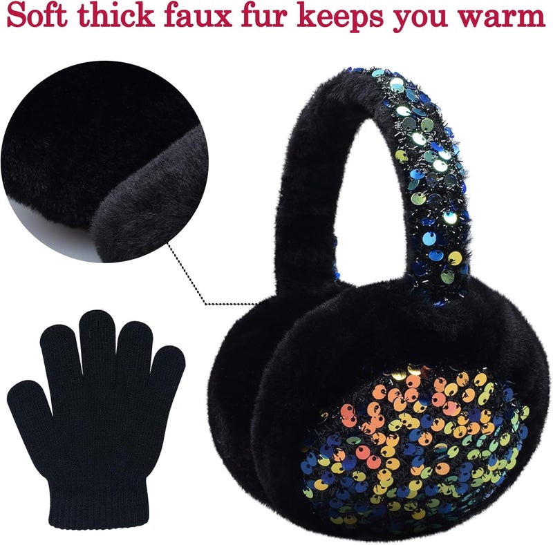 EDCYF Ear Muffs Gloves Set for Kids Girls Winter Ear Muffs Adjustable Sequins Warm Earmuffs Furry Outdoor - Image 4